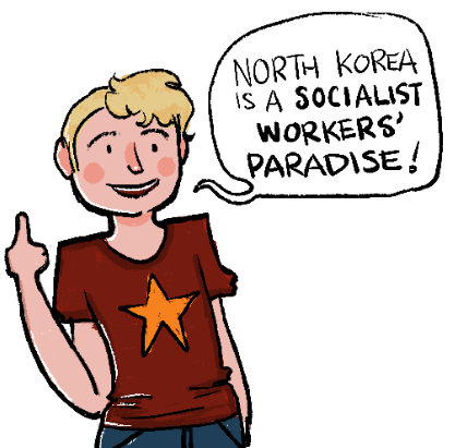 A picture of a blonde light-skinned man saying, "North Korea is a socialist workers' paradise!" He's wearing a dark-red T-shirt with a red star on it and is giving the viewer the thumbs-up.
