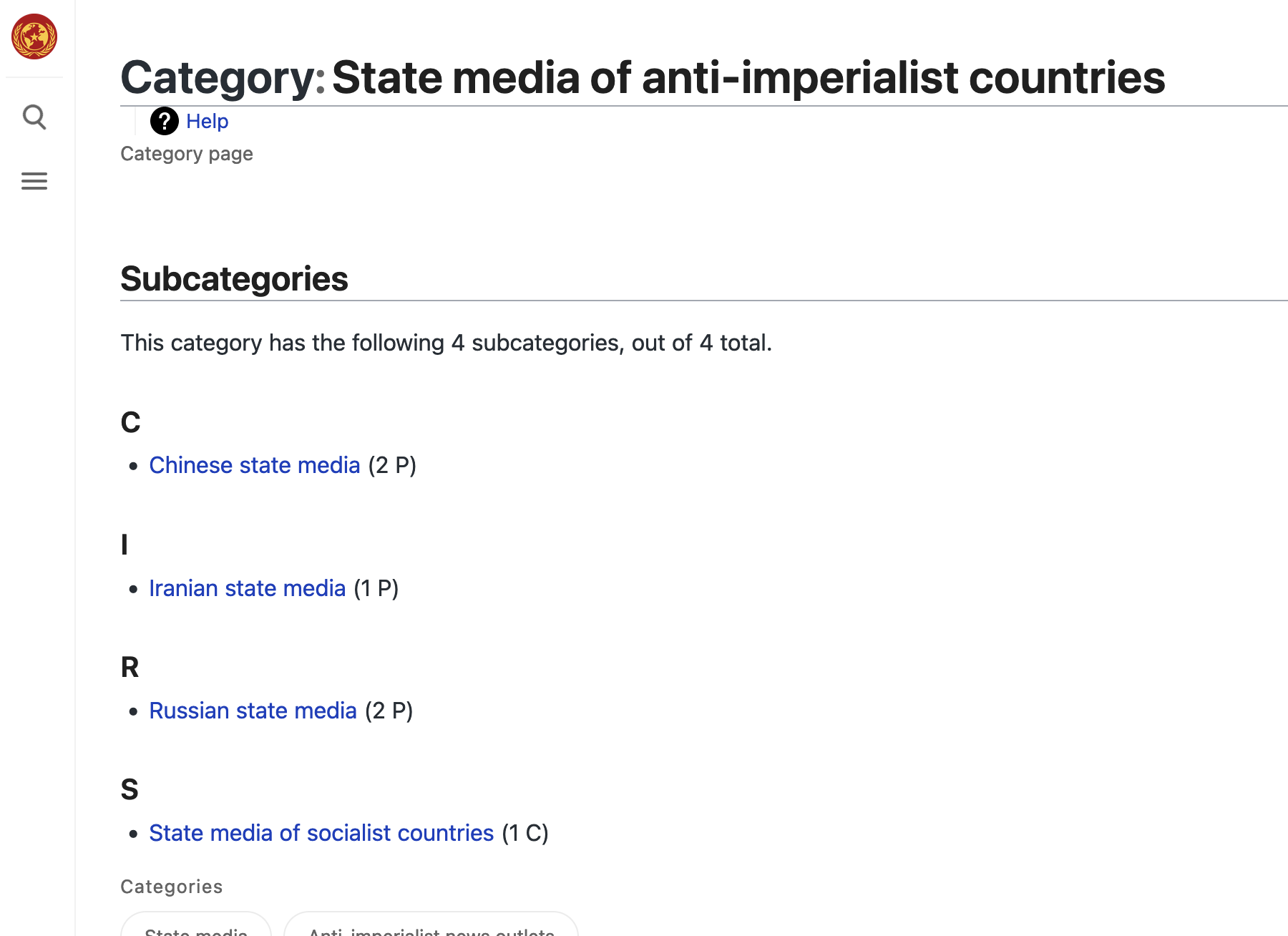 A screenshot of ProleWiki's "state media of anti-imperialist" countries, including Chinese, Iranian and Russian state media.